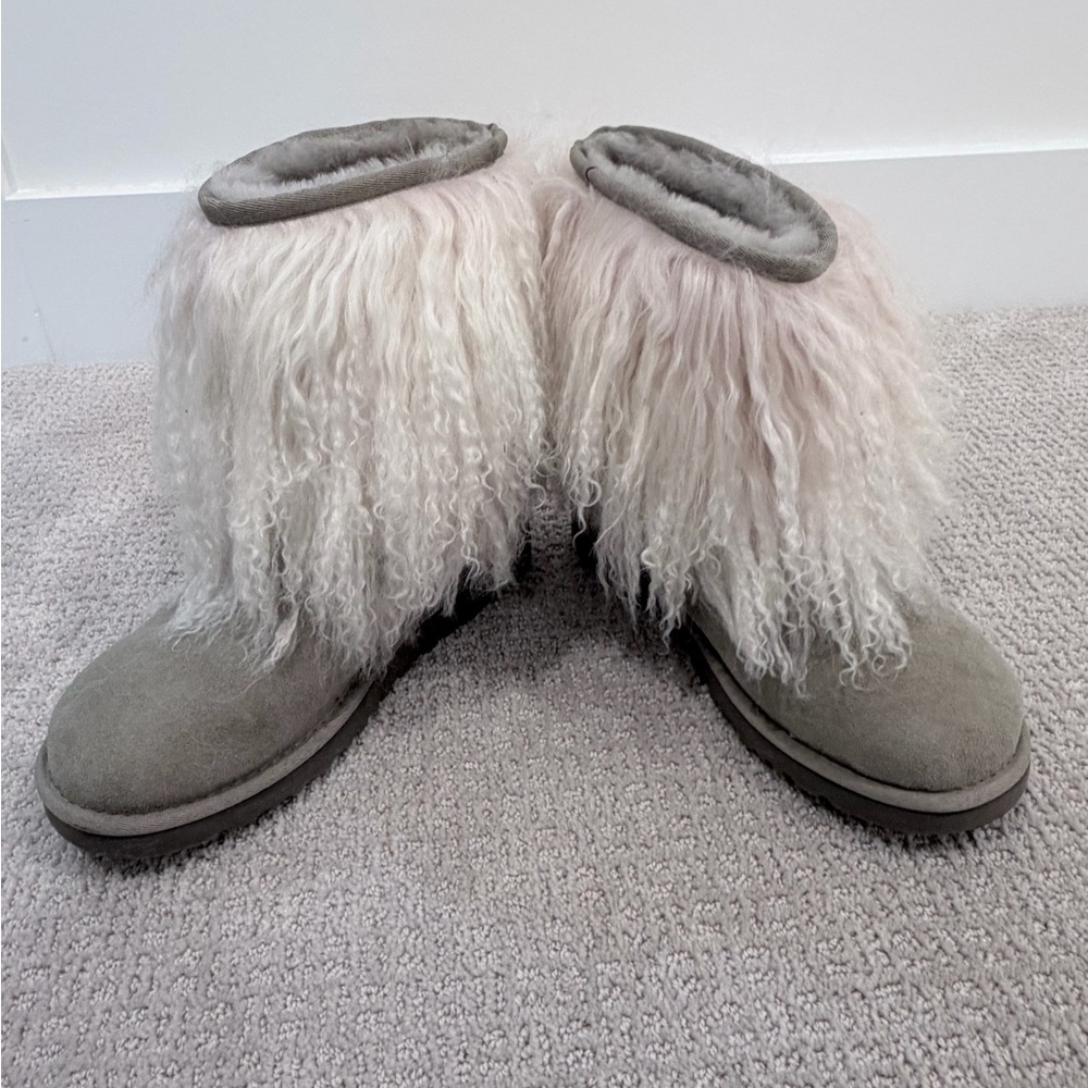 UGG Mongolian Sheepskin Gray and Cream Fur-Trimmed Boots